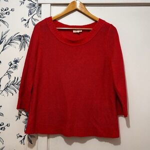 Eileen Fisher Coral Pink Linen Knit Boat Neck 3/4 Sleeve Sweater Top Large